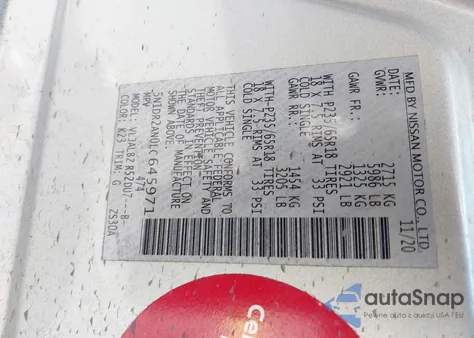 2020 Nissan Pathfinder S 2Wd z USA, uszkodzony, nr VIN 5N1DR2AN0LC645971